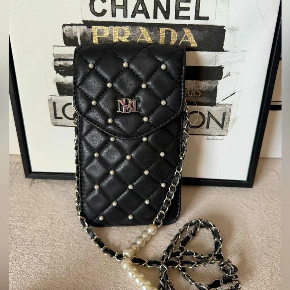 Quilted Pearl-Trim Black Crossbody Phone Bag - Unbranded - Picture 4 of 16